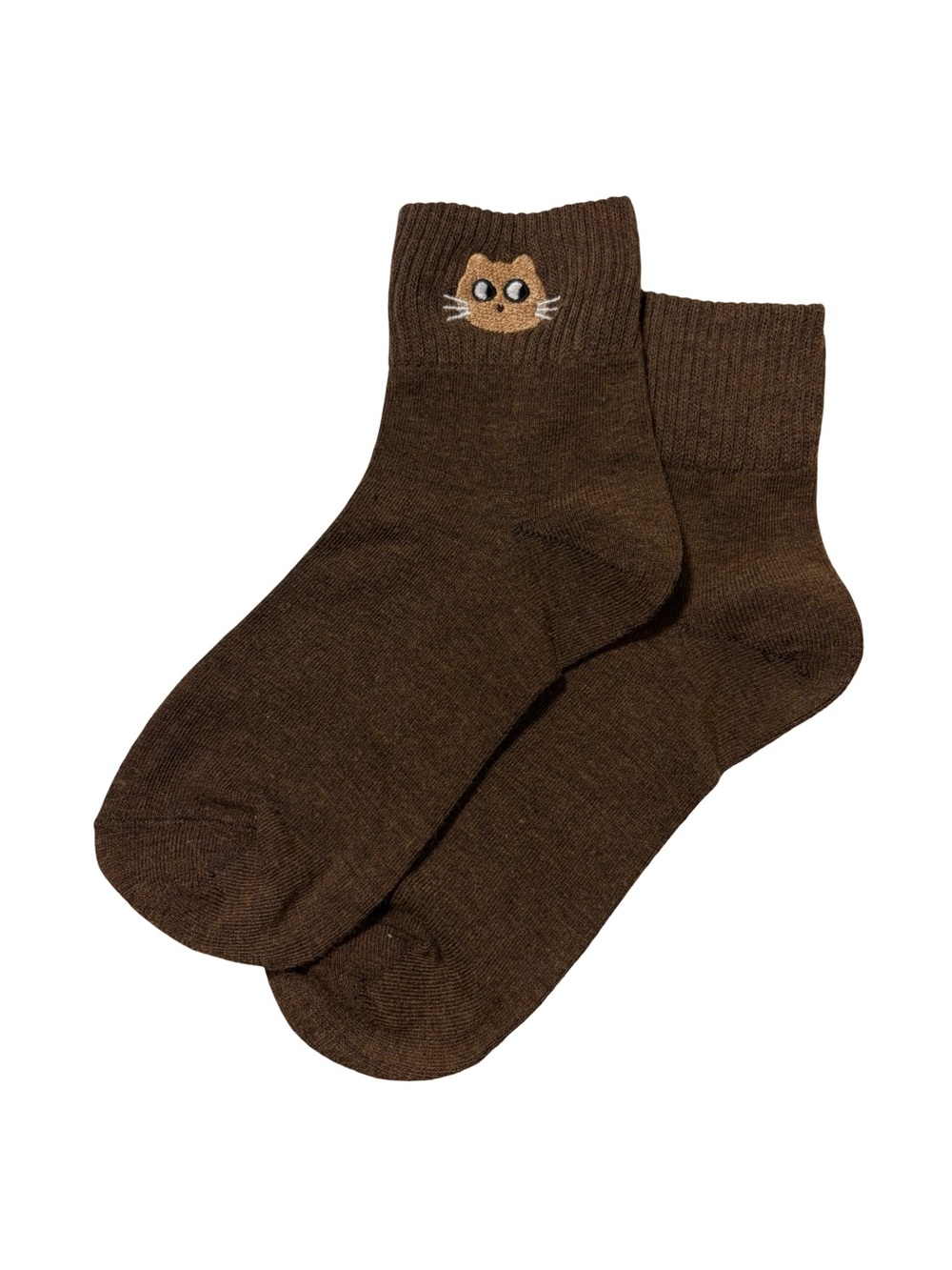 Cat Embroidered Low Crew Socks Dark Chocolate Brown Women’s OS Animal Socks
